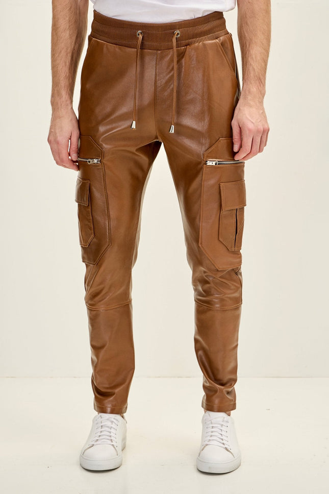 Men's Lambskin Leather Joggers - Brown | Ron Tomson