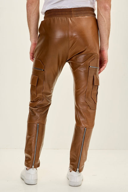 Men's Lambskin Leather Joggers - Brown | Ron Tomson