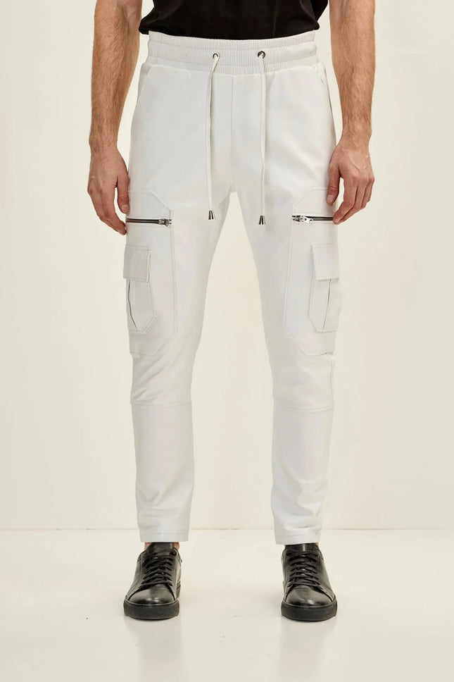 Men's Lambskin Leather Joggers - White | Ron Tomson