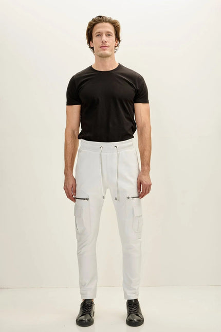 Men's Lambskin Leather Joggers - White | Ron Tomson