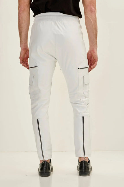 Men's Lambskin Leather Joggers - White | Ron Tomson