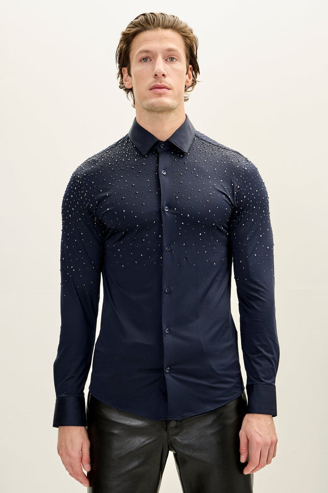Men's Crystal Embellished Point Collar Shirt - Navy | Ron Tomson