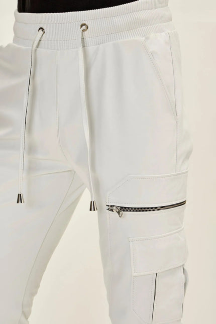 Men's Lambskin Leather Joggers - White | Ron Tomson