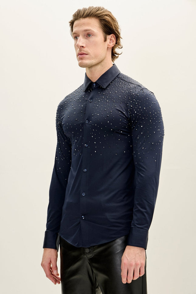 Men's Crystal Embellished Point Collar Shirt - Navy | Ron Tomson