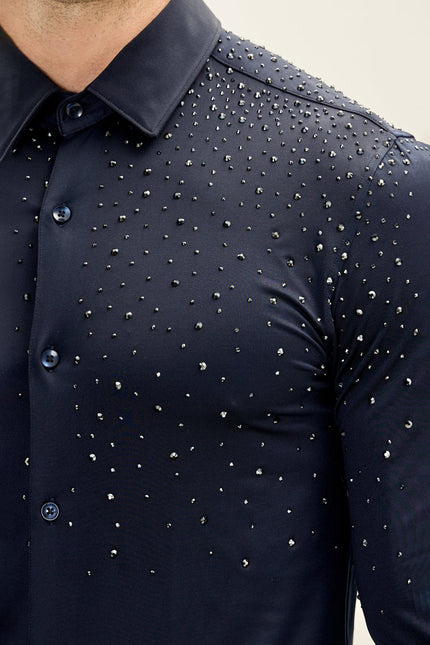 Men's Crystal Embellished Point Collar Shirt - Navy | Ron Tomson