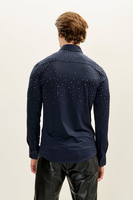 Men's Crystal Embellished Point Collar Shirt - Navy | Ron Tomson