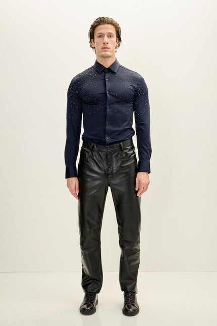 Men's Crystal Embellished Point Collar Shirt - Navy | Ron Tomson