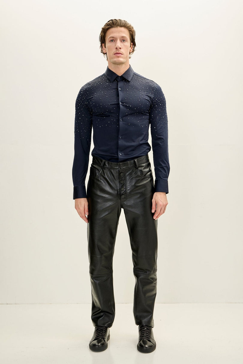 Men's Crystal Embellished Point Collar Shirt - Navy | Ron Tomson