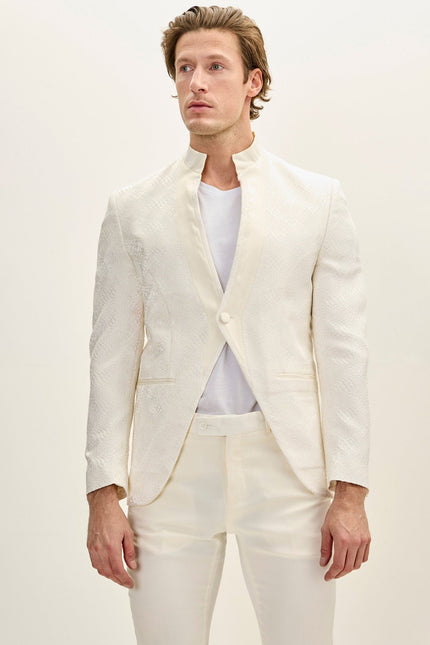 Men's Embellished Mandarin Collar Tuxedo Jacket - White | Ron Tomson