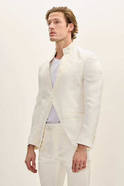 Men's Embellished Mandarin Collar Tuxedo Jacket - White | Ron Tomson