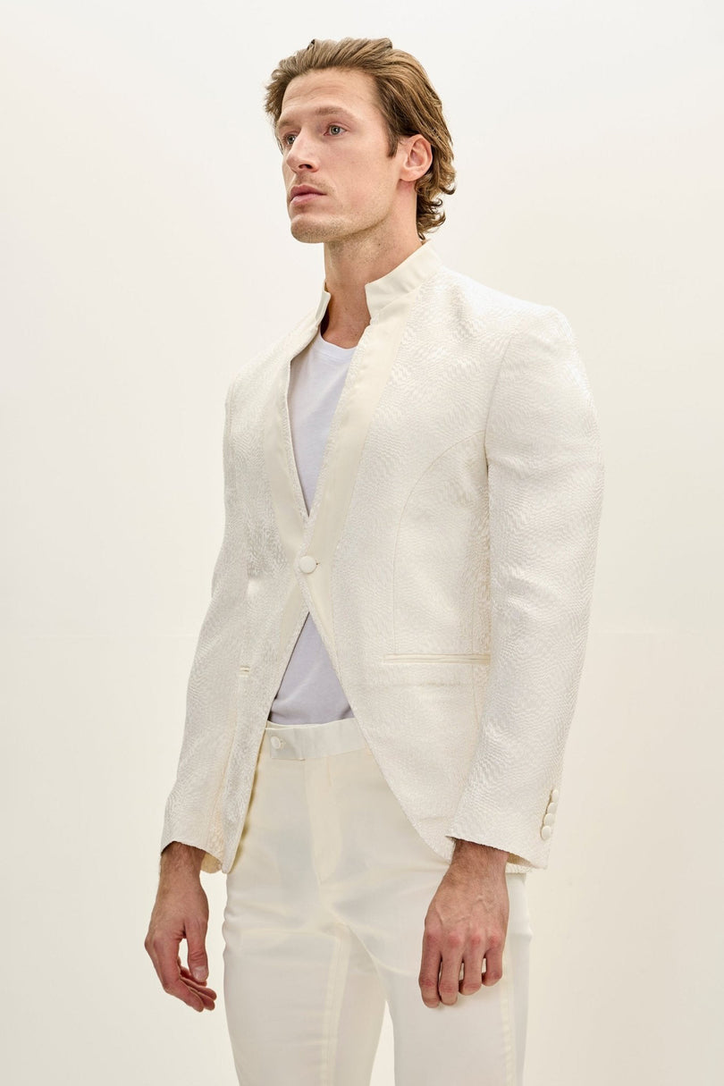 Men's Embellished Mandarin Collar Tuxedo Jacket - White | Ron Tomson