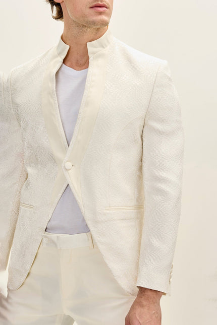 Men's Embellished Mandarin Collar Tuxedo Jacket - White | Ron Tomson
