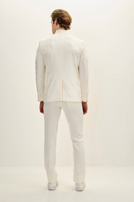 Men's Embellished Mandarin Collar Tuxedo Jacket - White | Ron Tomson