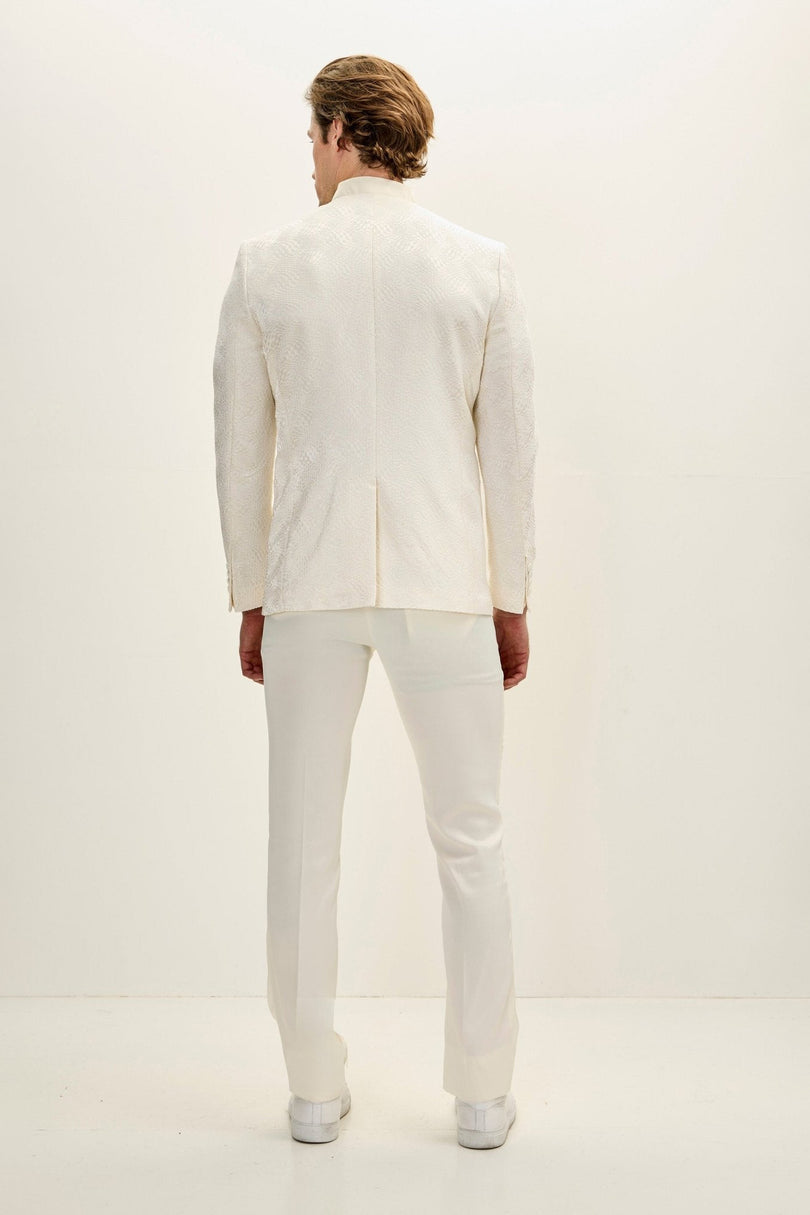 Men's Embellished Mandarin Collar Tuxedo Jacket - White | Ron Tomson