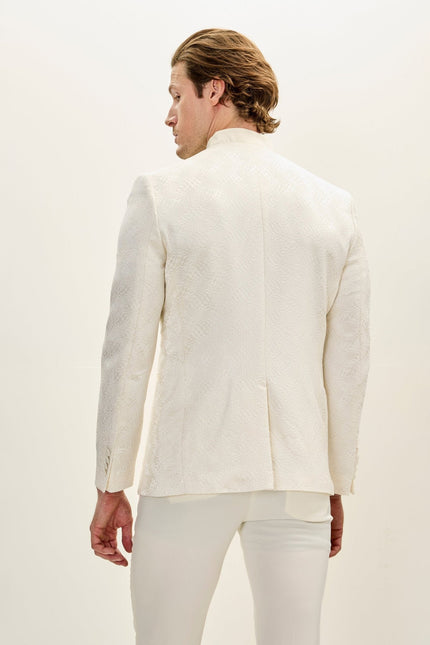 Men's Embellished Mandarin Collar Tuxedo Jacket - White | Ron Tomson