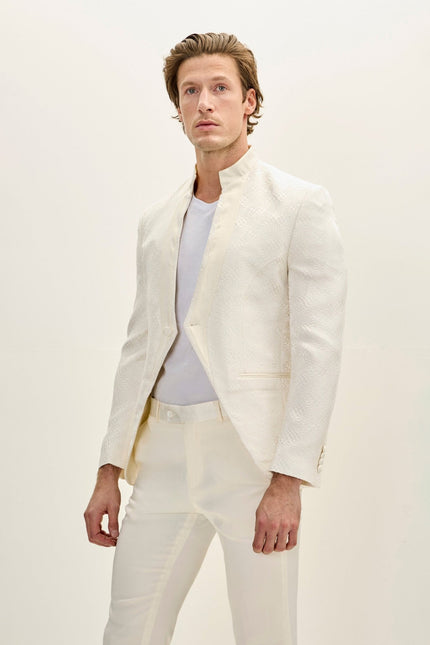 Men's Embellished Mandarin Collar Tuxedo Jacket - White | Ron Tomson