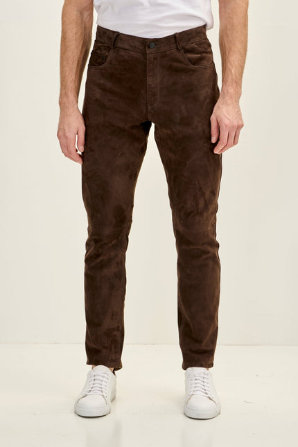 Men's Lambskin Suede Pants - Chocolate Brown | Ron Tomson