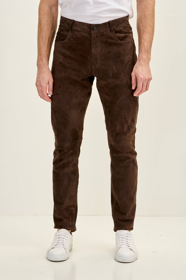 Men's Lambskin Suede Pants - Chocolate Brown | Ron Tomson
