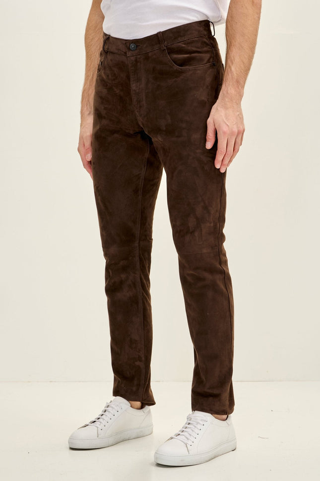 Men's Lambskin Suede Pants - Chocolate Brown | Ron Tomson