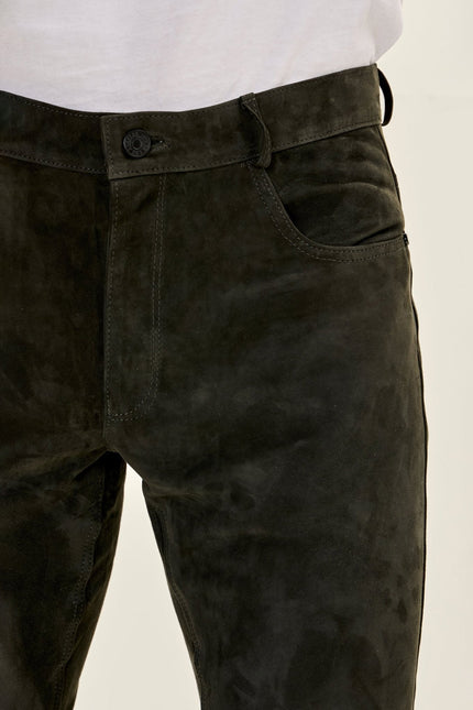 Men's Lambskin Suede Pants - Khaki | Ron Tomson