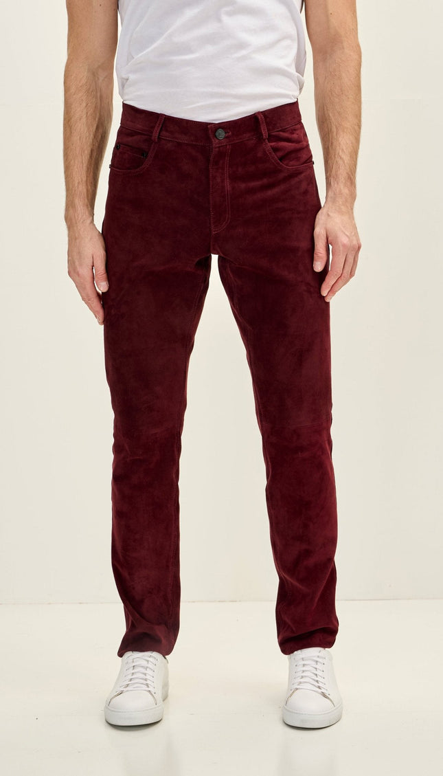 Lambskin Suede Five-Pocket Pants - Wine