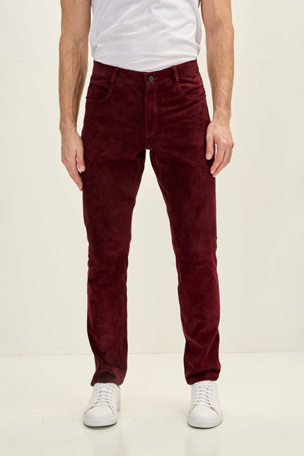 Men's Lambskin Suede Pants - Wine | Ron Tomson
