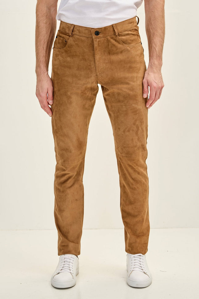 Men's Lambskin Suede Pants - Camel | Ron Tomson