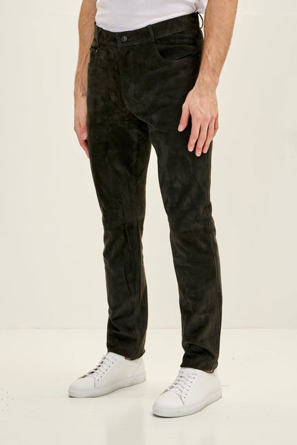 Men's Lambskin Suede Pants - Khaki | Ron Tomson