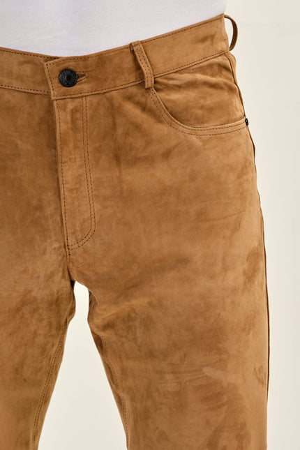 Men's Lambskin Suede Pants - Camel | Ron Tomson