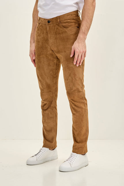 Men's Lambskin Suede Pants - Camel | Ron Tomson