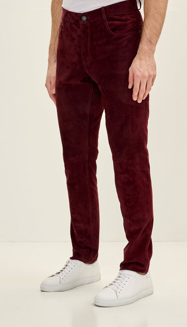 Lambskin Suede Five-Pocket Pants - Wine