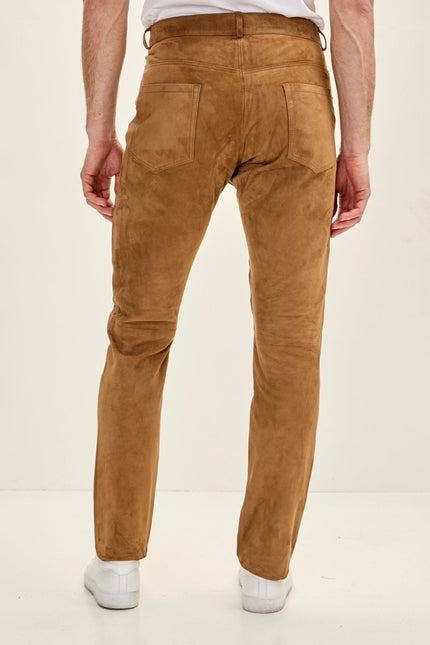 Men's Lambskin Suede Pants - Camel | Ron Tomson