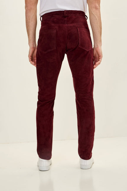 Men's Lambskin Suede Pants - Wine | Ron Tomson