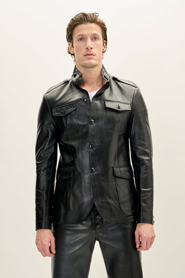 Men's Lambskin Leather Safari Jacket - Black | Ron Tomson