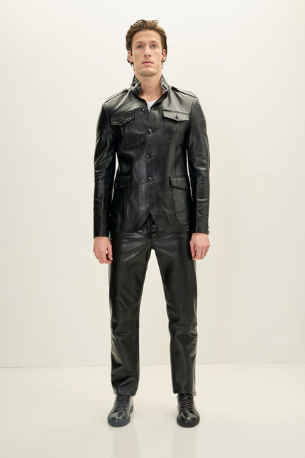 Men's Lambskin Leather Safari Jacket - Black | Ron Tomson