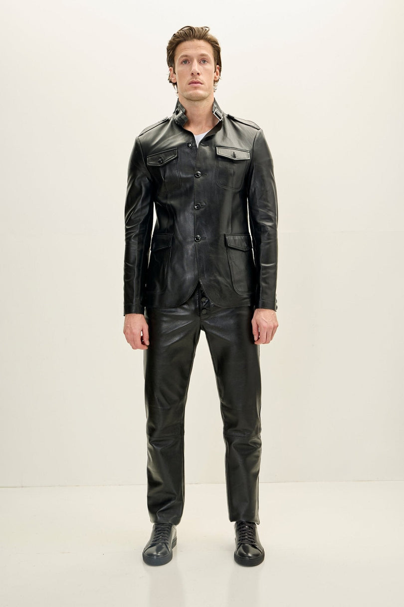 Men's Lambskin Leather Safari Jacket - Black | Ron Tomson