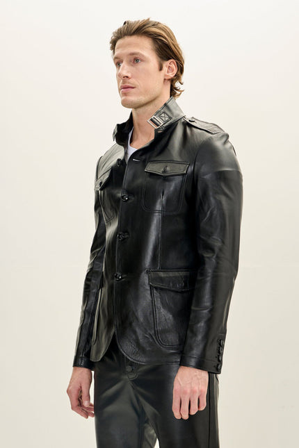 Men's Lambskin Leather Safari Jacket - Black | Ron Tomson