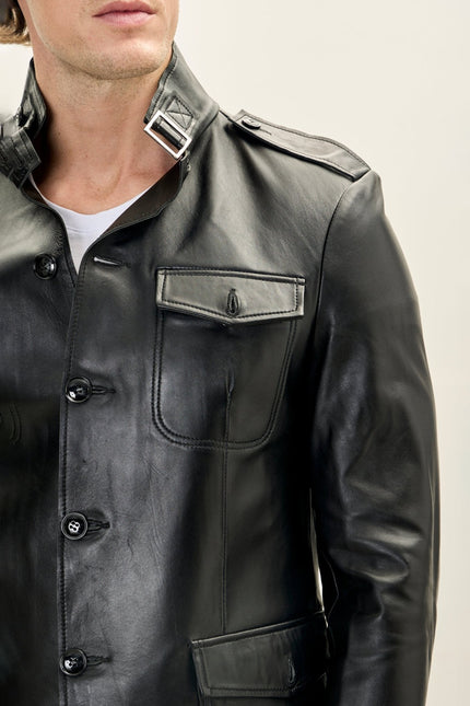 Men's Lambskin Leather Safari Jacket - Black | Ron Tomson