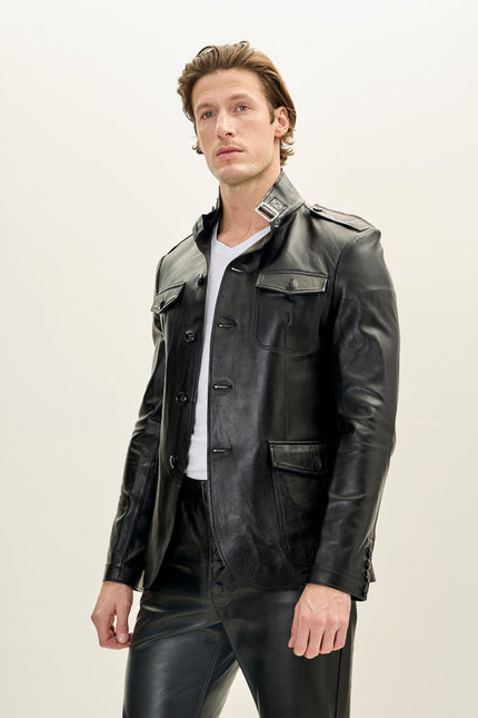 Men's Lambskin Leather Safari Jacket - Black | Ron Tomson