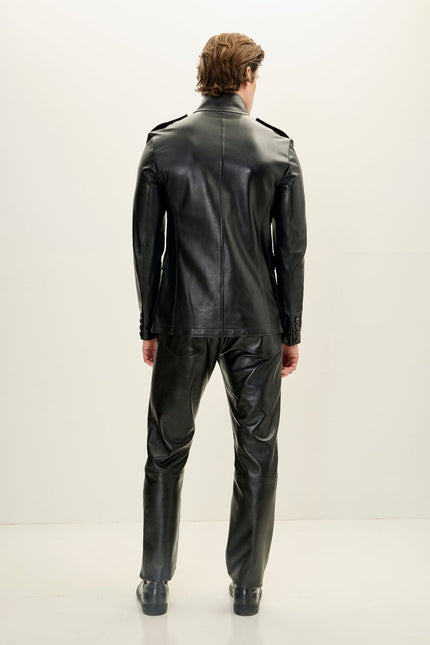 Men's Lambskin Leather Safari Jacket - Black | Ron Tomson