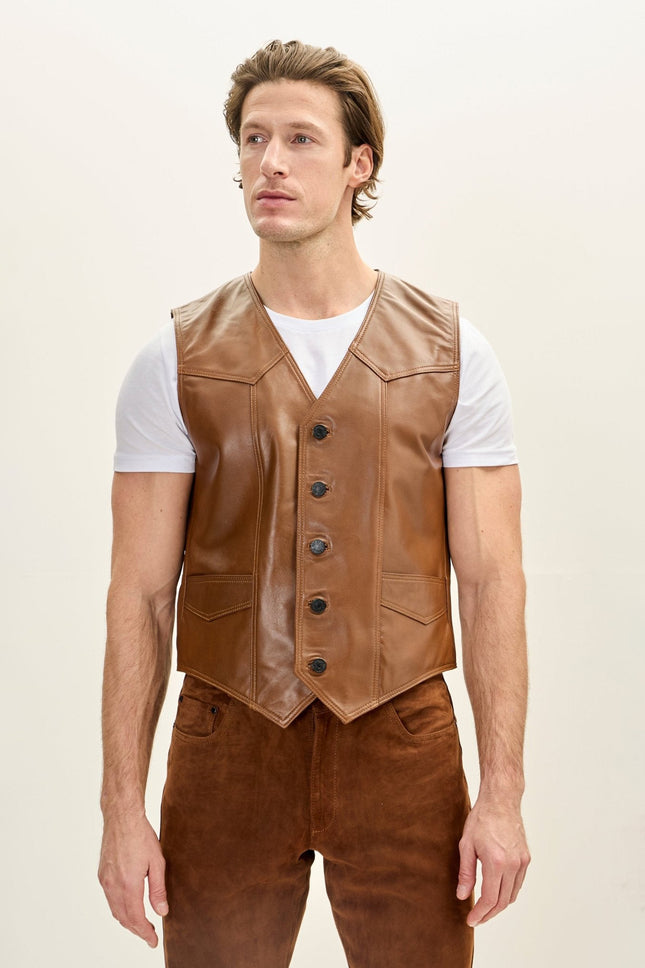 Men's Lambskin Leather Vest - Brown | Ron Tomson