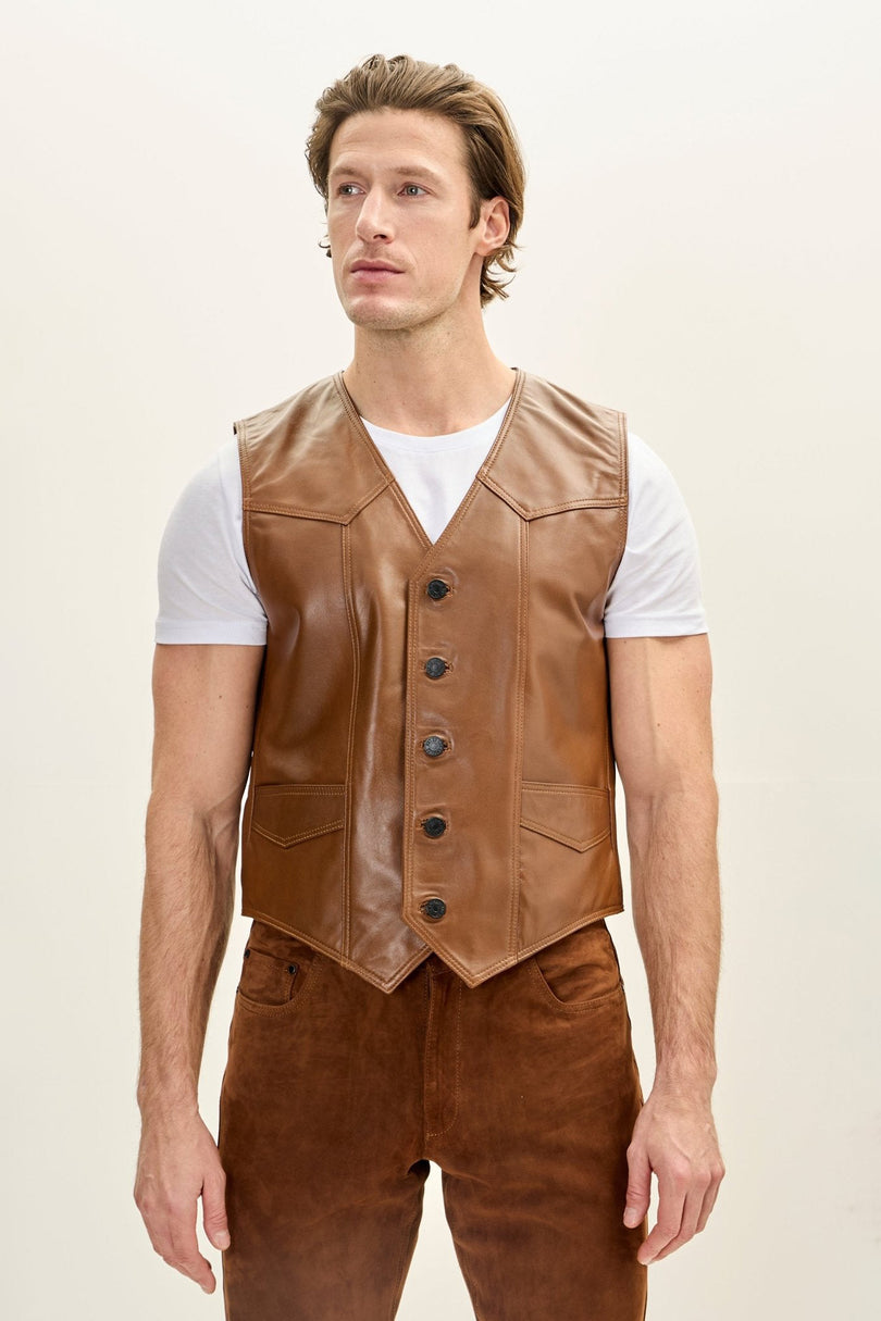 Men's Lambskin Leather Vest - Brown | Ron Tomson