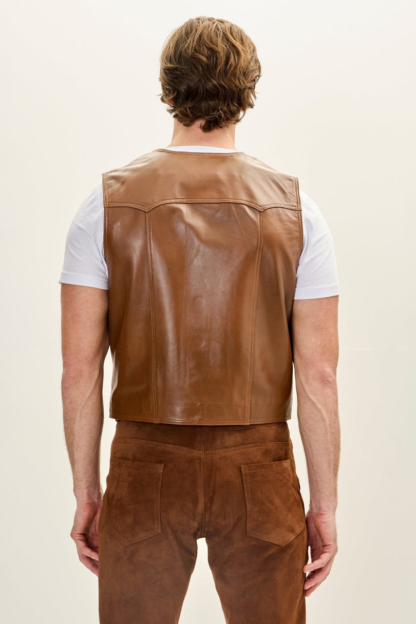 Men's Lambskin Leather Vest - Brown | Ron Tomson