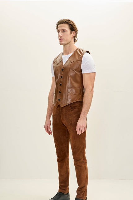 Lambskin Leather Vest - Brown