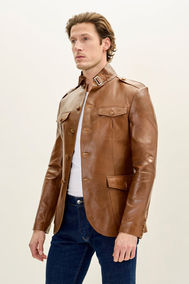 Men's Mandarin Collar Safari Jacket - Brown | Ron Tomson