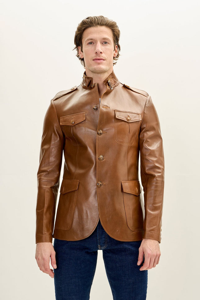 Men's Mandarin Collar Safari Jacket - Brown | Ron Tomson