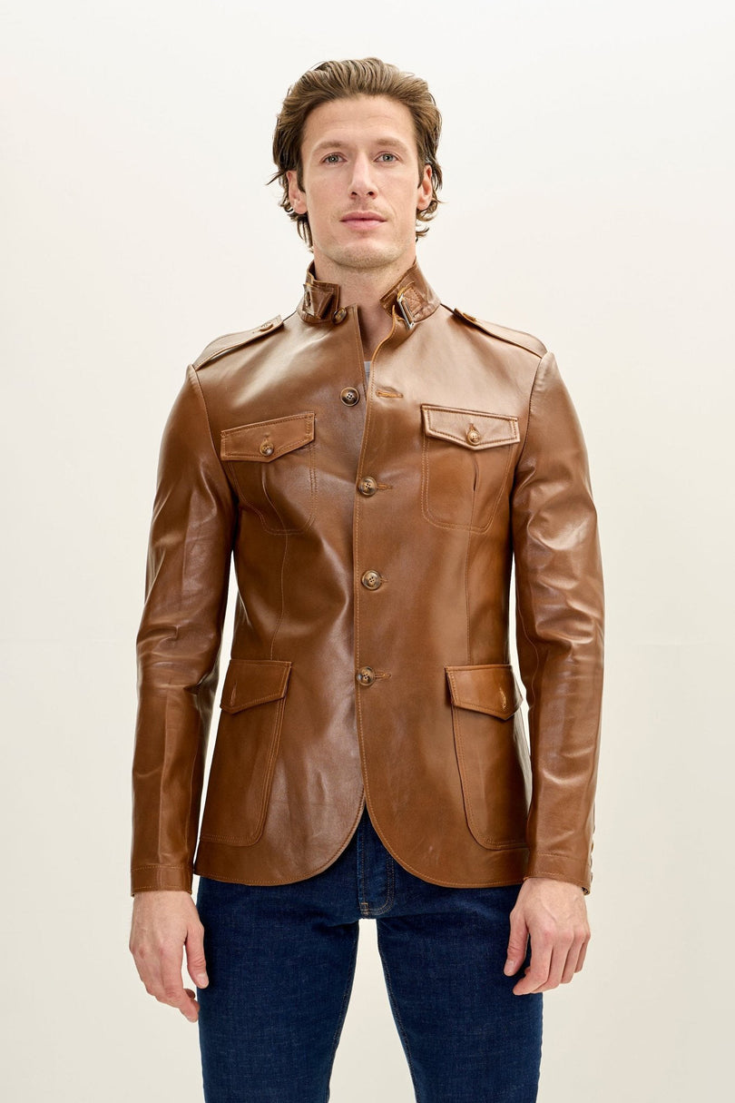 Men's Mandarin Collar Safari Jacket - Brown | Ron Tomson