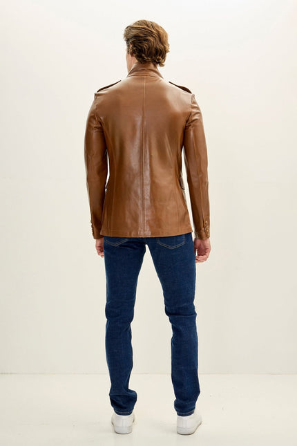 Men's Mandarin Collar Safari Jacket - Brown | Ron Tomson