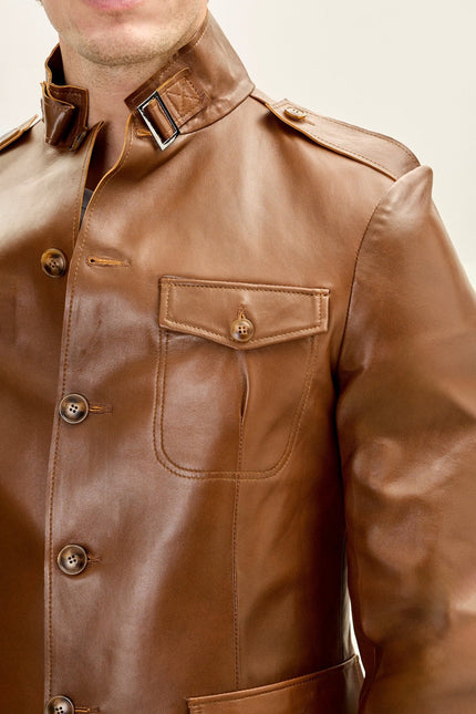 Men's Mandarin Collar Safari Jacket - Brown | Ron Tomson