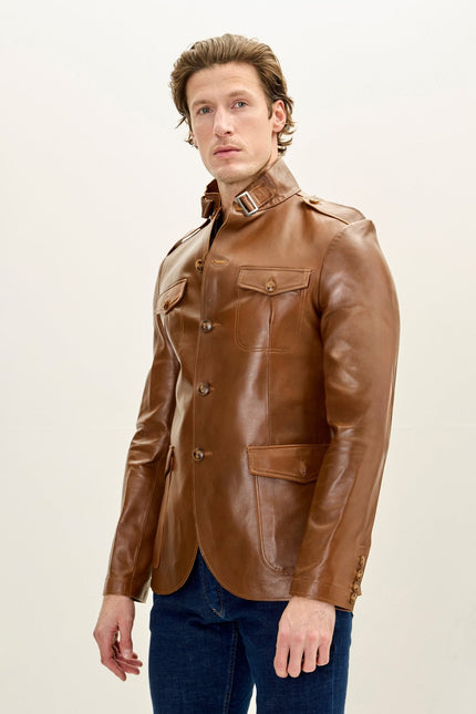 Men's Mandarin Collar Safari Jacket - Brown | Ron Tomson